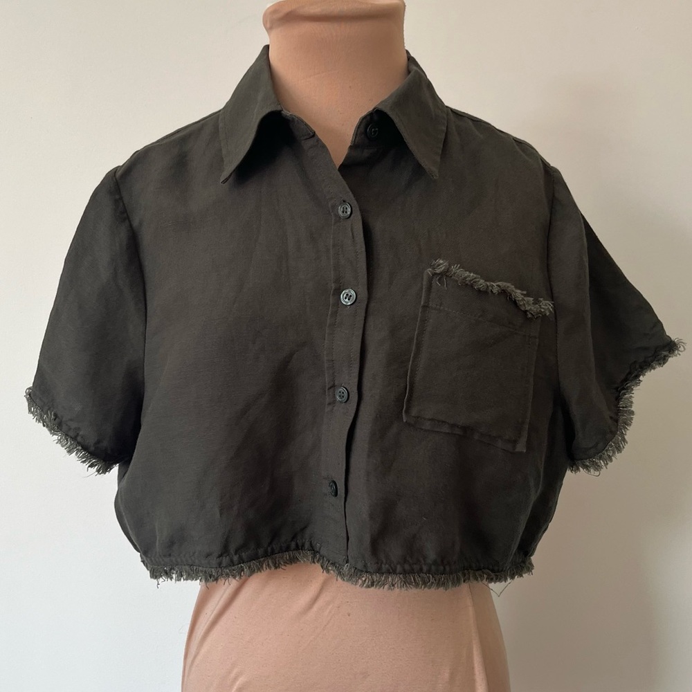 Simkhai Solange Army Green Cover Up Short Sleeve Button Down Top EUC Size XS - Picture 4 of 10